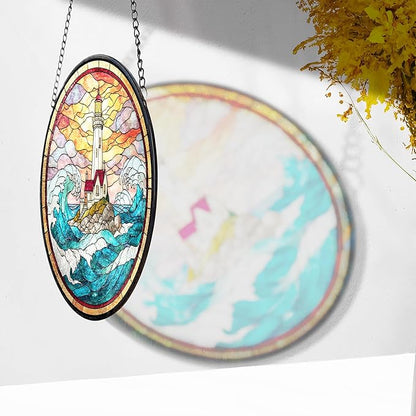 7.8" Lighthouse Suncatcher Stained Glass Window Hanging Ocean Light House Sun Catchers Blue Coastal Ornaments Wall Art Home Garden Room Door Decor Birthday for Women Men