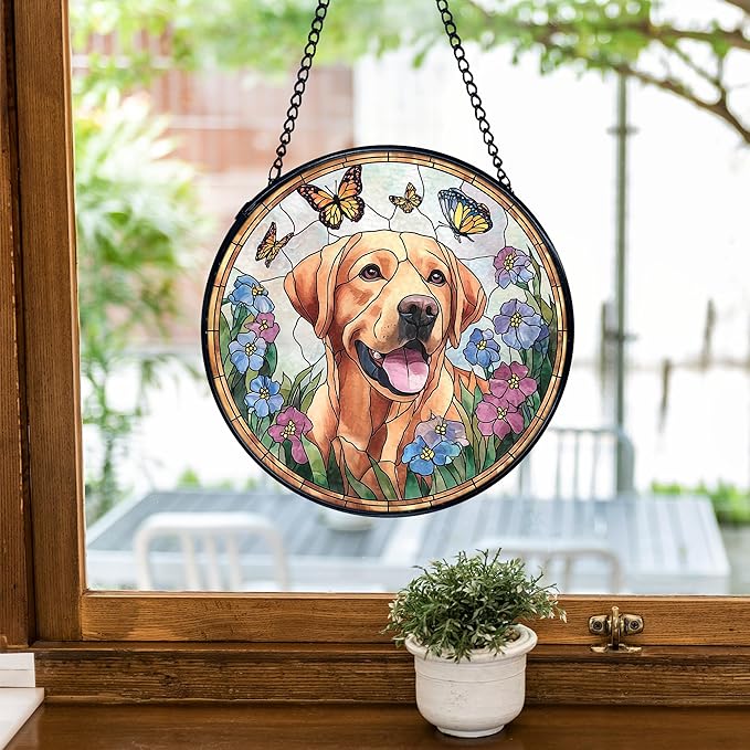 TNUW Labrador Retriever Flower Stained Glass Window Hanging, Labrador Retriever Gifts Sun Catchers Indoor Window Glass Round Wall Art Decor, Dog Sunflower Wall Hanging Decorations, 7.9＂x7.9＂