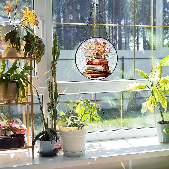 Mifoci 6.3 Inch Stained Glass Window Hanging Vintage Flower Suncatchers Indoor Window Book Lovers Gifts for Room Office Decor Aesthetic