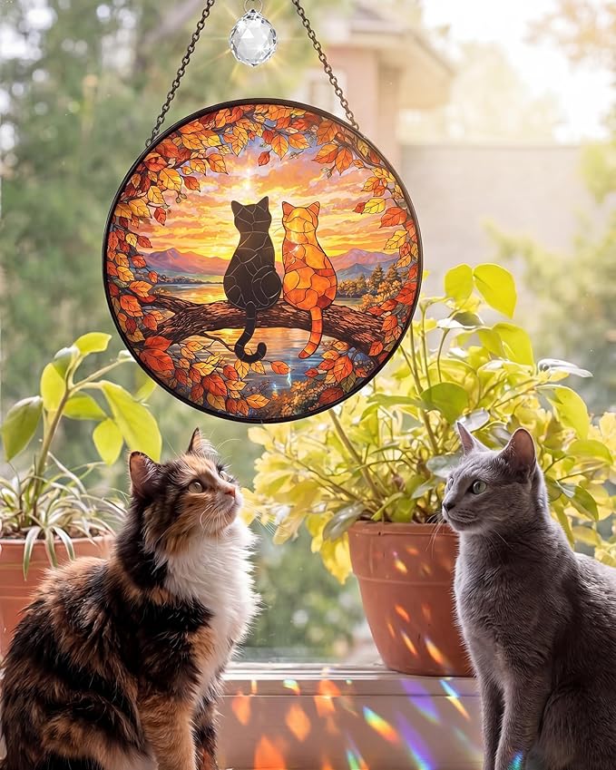 Stained Glass Window Hanging Sun Catcher 7.8 Inch, 2 Cats on a Tree Branch Suncatcher for Home Decor, Birthday Gifts for Women, Gifts for Cat Lovers (Cat Silhouette)