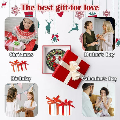 DASTOLL Stained Glass Window Hanging - Cardinals Green Wreath Suncatcher for Doors Home Christmas Decoration Red Bird Sun Catcher Thanksgiving New Year Birthday Gift for Women Men Mom Nana 11.8 in