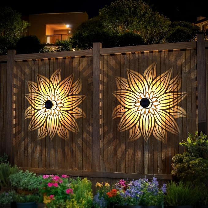 Hapjoy Solar Fence Lights 4 Pack Solar Deck Lamps Outdoor Decorations Powered Step Lights Wall Waterproof LED Warm Decorative Lighting for Garden (Flower, 4)