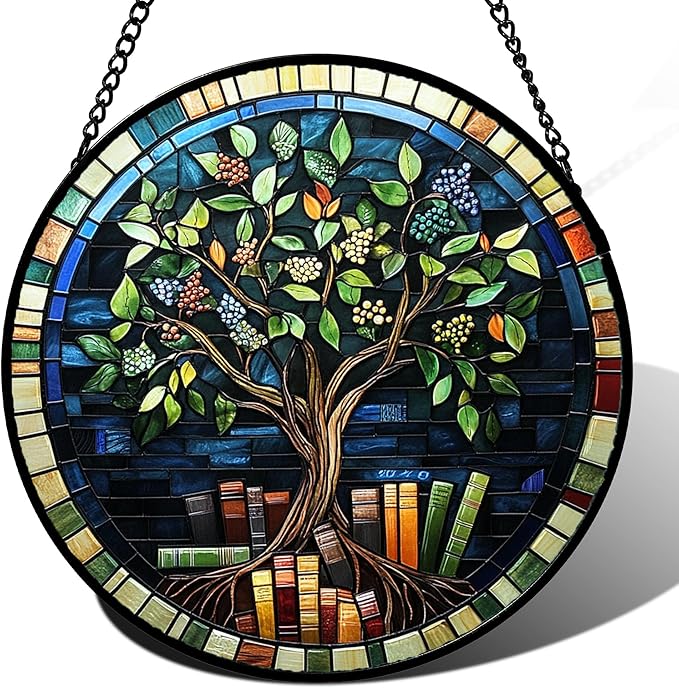 Stained Glass Window Hanging Green Life Tree Berry Book Large 15" - Blue Suncatcher Door Garden Sun Catcher Home Decor Birthday Christmas for Mom Men Woman Nana Friend