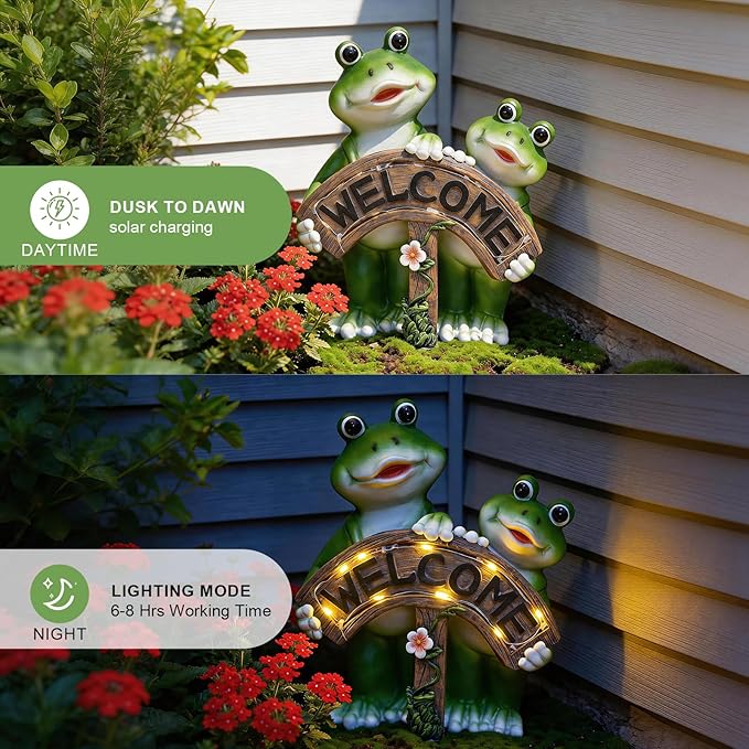 Frog Garden Decor, Frog Solar Garden Statue, 8.26" Frog Outdoor Decor, Outdoor Solar Garden Figurines Decorative Art Housewarming Welcome Sign Gifts for Patio Yard Lawn Ornament