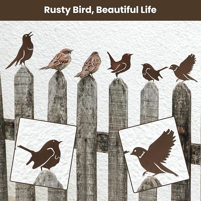 5PCS Rusty Metal Birds Decoration,Outdoor Fence Yard Decor,Metal Birds Craft Statue Ornaments for Yard Art,Garden Decor