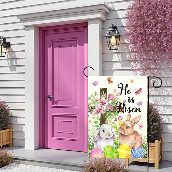 He Is Risen Easter Garden Flag for Outdoor Spring Christian Cross Floral Bunny Egg Yard Banner Religious Resurrection Sunday Decor Double Sided Farmhouse House Welcome Flags 12x18 Inch
