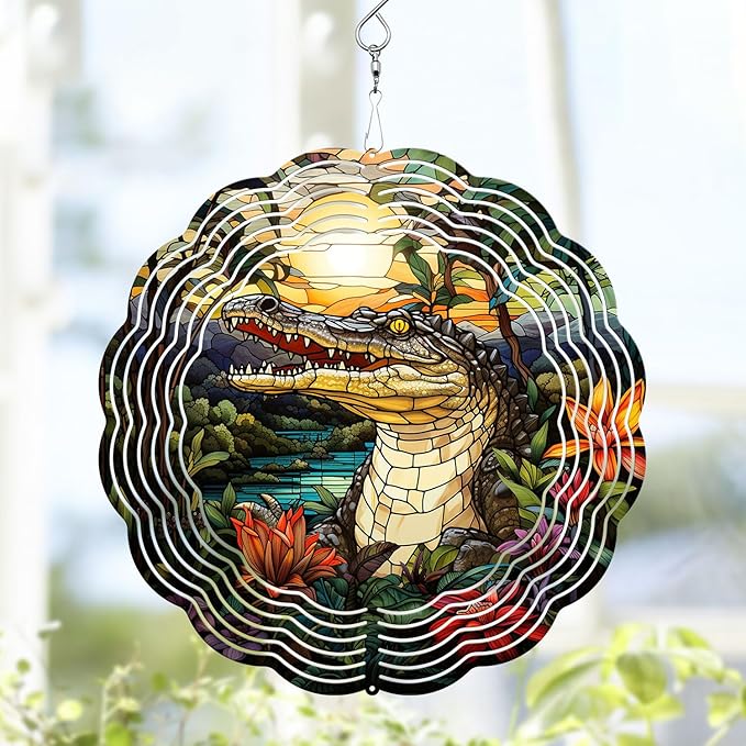 Crocodile Wind Spinner, Crocodile Stained Glass Wind Spinner, Wind Sculpture Crocodile Wind Spinners for Garden Patio Yard Decor
