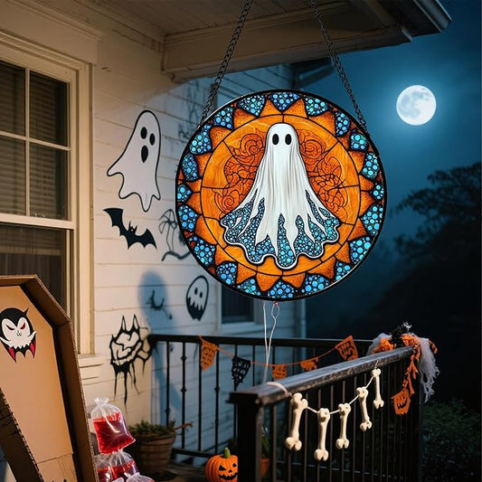 Stained Glass Window Hanging - Halloween Decorations White Ghost Suncatcher for Doors Garden Indoor Spooky Funny Blue Sun Catchers Gothic Decor Horror Gifts for Women Men Friend 15 in