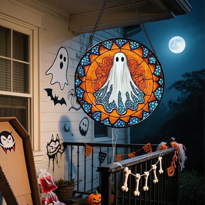 Stained Glass Window Hanging - Halloween Decorations White Ghost Suncatcher for Doors Garden Indoor Spooky Funny Blue Sun Catchers Gothic Decor Horror Gifts for Women Men Friend 9.8 in