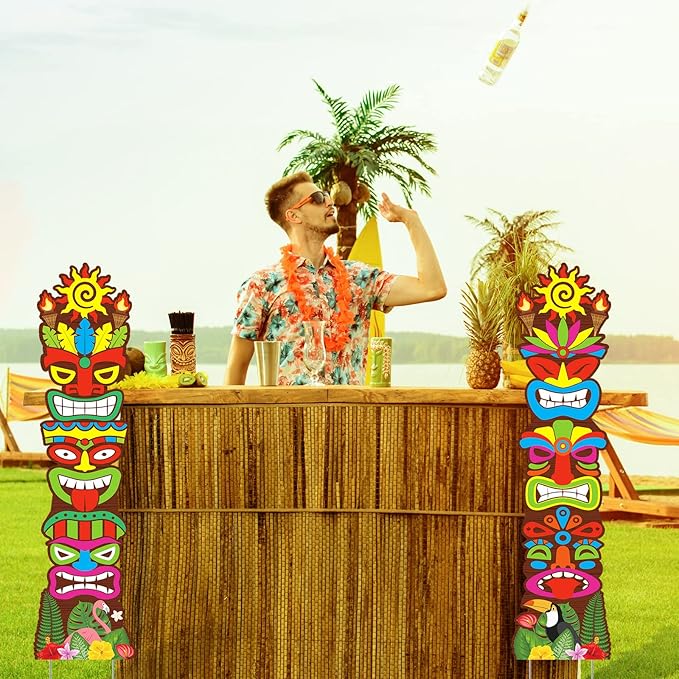 Queekay 2 Pcs Tiki Yard Sign Luau Hawaiian Tropical Party Decoration Outdoor Tiki Bar Sign with Stakes for Summer