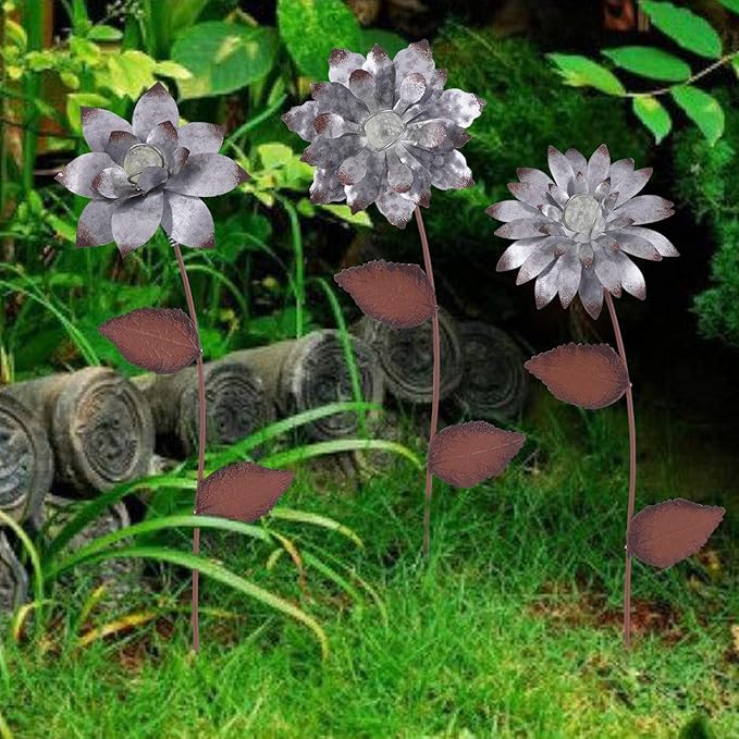 Floral Garden Stake Glow in Dark Outdoor Plant Pick Cute Metal Flower Stick Art Ornament Decorate for Lawn Yard Patio,3 Set