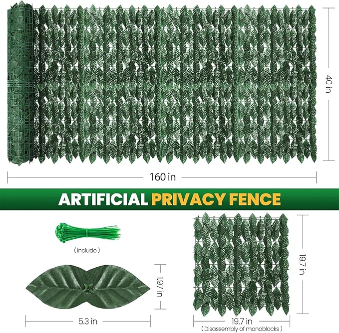 Artificial Ivy Privacy Fence Screen - 160''(L) x 40''(W) Realistic Greenery Wall Panels Green Leaves for Outdoor Balcony, Patio or Garden Decor, Faux Grass Backdrop Panel