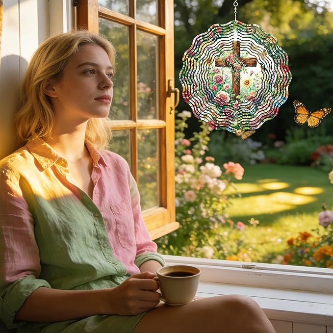 Hanging Wind Spinners Outdoor - Metal Cross Decor 3D Stainless Steel Wind Spinner for Patio Lawn Garden Indoor Balcony Kinetic Spinning Art Sculpture Birthday Gifts for Women Mom Grandma Wife