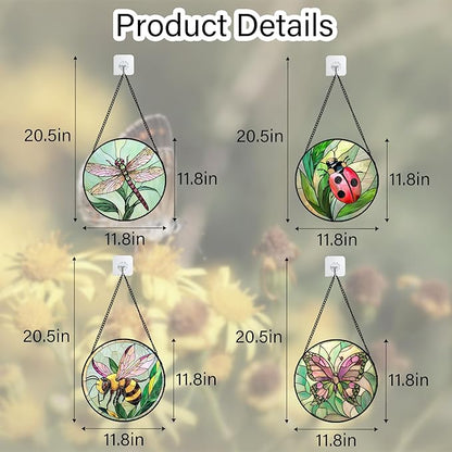 DASTOLL Stained Glass Window Hanging 4 Pcs Set Pink Green Insect Theme Large 11.8" - Butterfly Suncatcher Door Garden Sun Catcher Decor Birthday Christmas for Mom Woman Nana Men