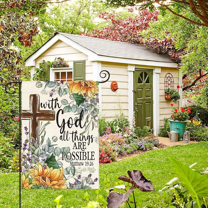 AVOIN colorlife Sunflower Spring Summer Garden Flag 12x18 Inch Double Sided Outside, With God All Things Are Possible Floral Yard Outdoor Decoration