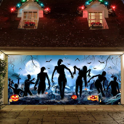 Panelee Halloween Garage Door Decoration 7x16ft Large Horror Backdrop Banner Horror Halloween Garage Door Cover with Bat Cemetery for Home Yard Scary Theme Party Outdoor Wall Decoration (Mummy)