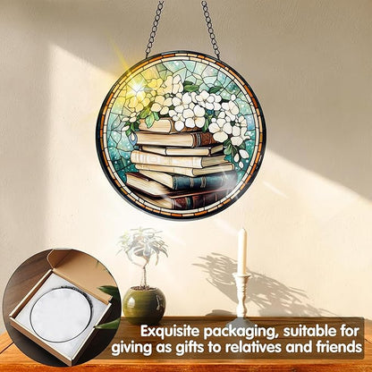 VAIIEYO Books Sun Catcher Stained Glass Window Hanging Ornament, Handmade Sun Catcher Flower Decoration with Hooks for Window Garden Home, Mother's Day & Birthday Housewarming Gift (7.8 inch)