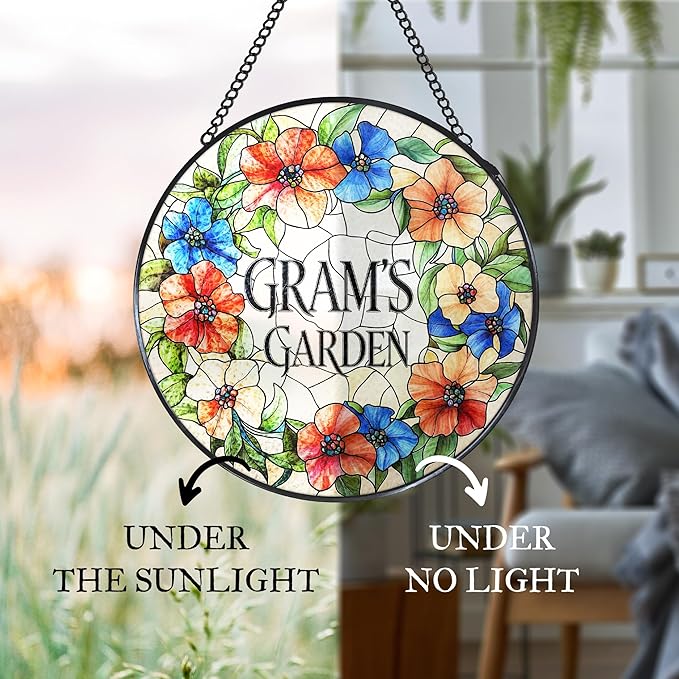 Gram's Garden Floral Stained Glass Window Hanging Suncatcher for Grandma, Gram Grandma Gifts Sun Catcher Wall Hanging Decoration for for Mothers Day Christmas Birthday, 7.8 x 7.8 in