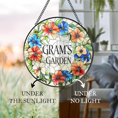 Gram's Garden Floral Stained Glass Window Hanging Suncatcher for Grandma, Gram Grandma Gifts Sun Catcher Wall Hanging Decoration for for Mothers Day Christmas Birthday, 7.8 x 7.8 in