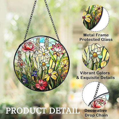 Stained Glass Window Hanging, Spring Colorful Wildflowers Plant Scenery Suncatcher for Window Doors Garden Home Decor, Botanical Floral Glass Panel Ornaments for Women,Men,Wife, Lovers, and Mom 7.8 in