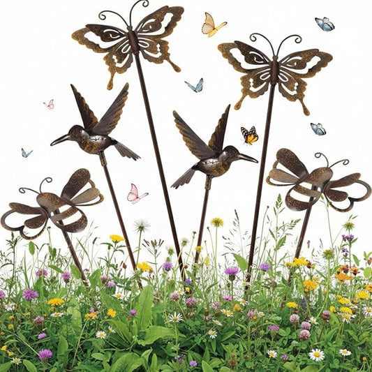 AceOrbit 6 Pcs Rusty Yard Stakes Spring Decor 11.8" Metal Butterfly Hummingbird Bee Stakes Rust Proof Plant Sticks Flowers Bed Decor for Farmhouse Outdoor Yard Lawn Patio Walkway Pathway (Insect)