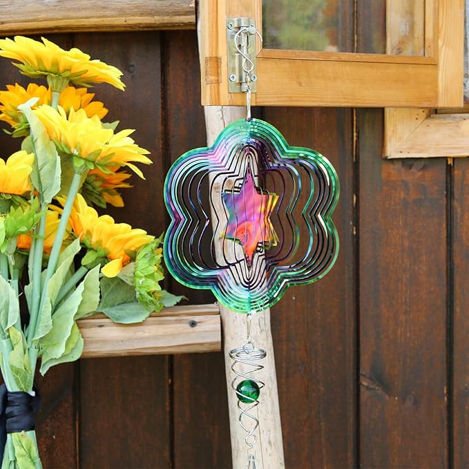 Phuryllic Wind Spinners Outdoor, Garden Decor, Bird Deterrents for Outside, 3D Metal Yard Decorations for Patio & Backyard, Unique Gardening Gifts for Women & Moms - Flower Star