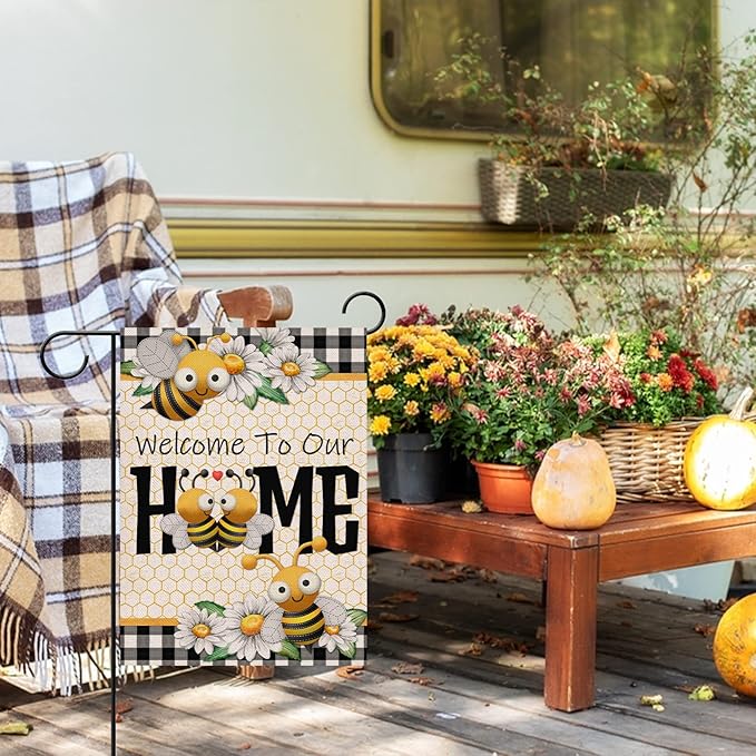 Furiaz Welcome to Our Home Bumble Bee Spring Summer Decorative Garden Flag, Daisy Yard Buffalo Plaid Check Home Outside Decorations, Flower Farmhouse Burlap Outdoor Small Decor Double Sided 12×18