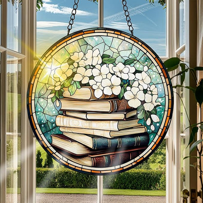 VAIIEYO Books Sun Catcher Stained Glass Window Hanging Ornament, Handmade Sun Catcher Flower Decoration with Hooks for Window Garden Home, Mother's Day & Birthday Housewarming Gift (7.8 inch)