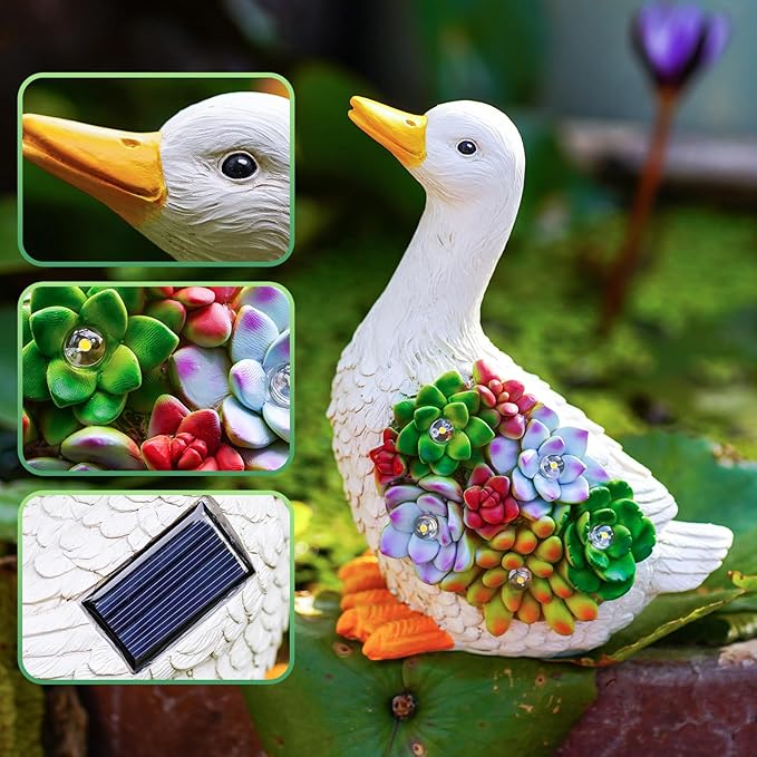 Solar Powered Duck Garden Statue with Succulents & LED Lights – Whimsical Resin Outdoor Decor for Patio, Lawn & Gift