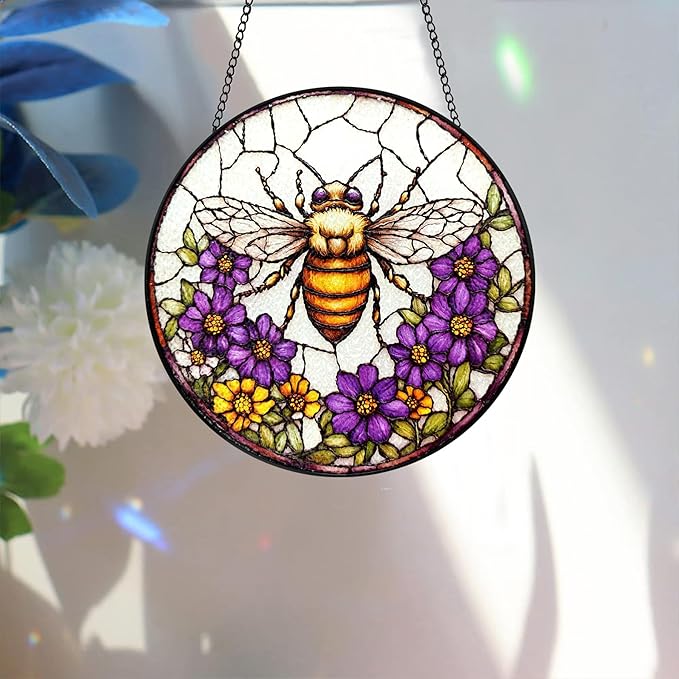 Bimkole Bee Stained Glass Suncatcher Window Hanging - Flowers Design for Indoor Window or Doorway Decoration - 7.87x7.87 inch with Chain and Hook - Unique Home Decor Gift