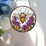 Bimkole Bee Stained Glass Suncatcher Window Hanging - Flowers Design for Indoor Window or Doorway Decoration - 7.87x7.87 inch with Chain and Hook - Unique Home Decor Gift