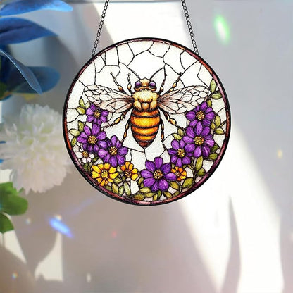 Bimkole Bee Stained Glass Suncatcher Window Hanging - Flowers Design for Indoor Window or Doorway Decoration - 7.87x7.87 inch with Chain and Hook - Unique Home Decor Gift