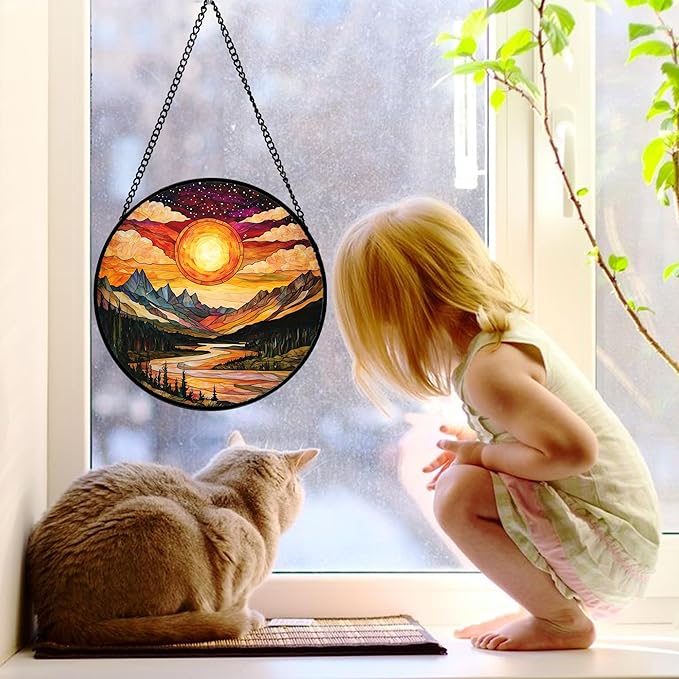 DASTOLL Stained Glass Window Hanging, Dusk Sunset Landscape Sun Catchers Glass Panel Lakes and Mountains Suncatcher Decor for Birthday for Women, Men, Wife, Aunt, and Mom 11.8x11.8 in