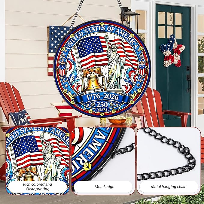Rngmsi 250th Anniversary Stained Glass Window Hanging, 7.8″ Patriotic Sun Catchers with Hook Indoor Window Decor Gift, 4th of July Sun Catchers Ornaments Home Garden Art for Women Men