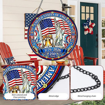 Rngmsi 250th Anniversary Stained Glass Window Hanging, 7.8″ Patriotic Sun Catchers with Hook Indoor Window Decor Gift, 4th of July Sun Catchers Ornaments Home Garden Art for Women Men