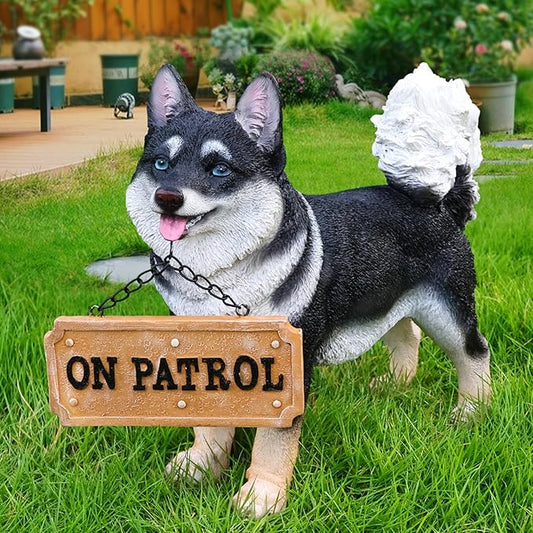 Japanese Akita Porch Guardian with Solar Lantern & Double-Sided Sign, Standing Black Akita Statue for Entryway, Steps, Garden Gate & Patio Décor