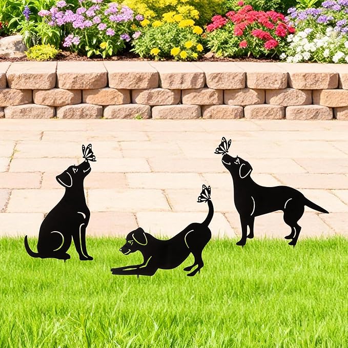 Glitzhome Set of 3 Dog Silhouette Stakes, Black Metal Decorative Garden Stakes or Wall Decor with Butterfly Cutout Design, Iron Yard Art Lawn Spring Decoration, 20 "H