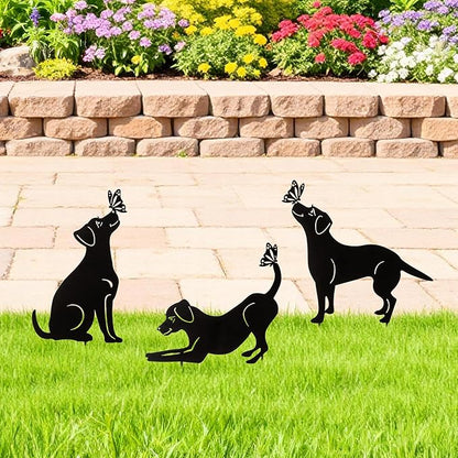 Glitzhome Set of 3 Dog Silhouette Stakes, Black Metal Decorative Garden Stakes or Wall Decor with Butterfly Cutout Design, Iron Yard Art Lawn Spring Decoration, 20 "H