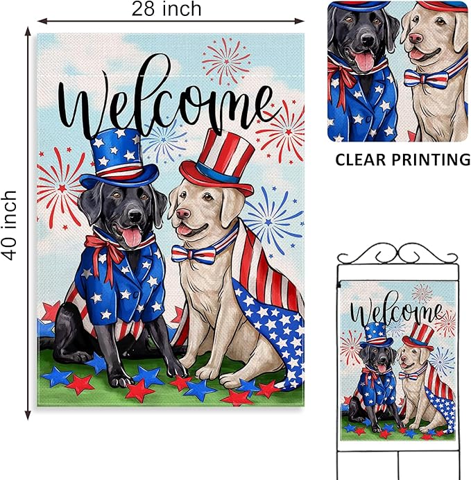 Welcome 4th of July Dog Patriotic Decorative House Flag, Black Labrador Pet Firework Garden Yard Outside Decoration, American Summer Outdoor Large Home Decor Dog Lover Gifts Double Sided 28x40