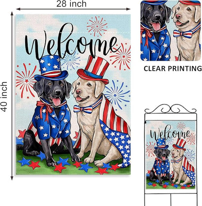 Welcome 4th of July Dog Patriotic Decorative House Flag, Black Labrador Pet Firework Garden Yard Outside Decoration, American Summer Outdoor Large Home Decor Dog Lover Gifts Double Sided 28x40