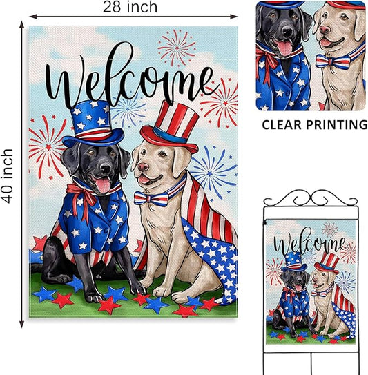 Welcome 4th of July Dog Patriotic Decorative House Flag, Black Labrador Pet Firework Garden Yard Outside Decoration, American Summer Outdoor Large Home Decor Dog Lover Gifts Double Sided 28x40
