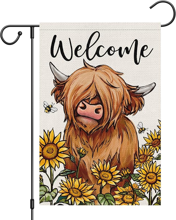 Heyfibro Welcome Spring Summer Highland Cow Garden Flag 12x18 Inch Double Sided Burlap, Farmhouse Sunflower Yard Flags for Seasonal Outside Outdoor Decoration (ONLY FLAG)