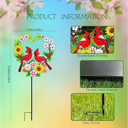 Decorative Garden Stakes Metal Red Cardinal - Heart Shaped Pair of Red Birds with Flowers 24 Inch Colorful Yard Decor, Outdoor Lawn Ornament(Cardinal Couple)