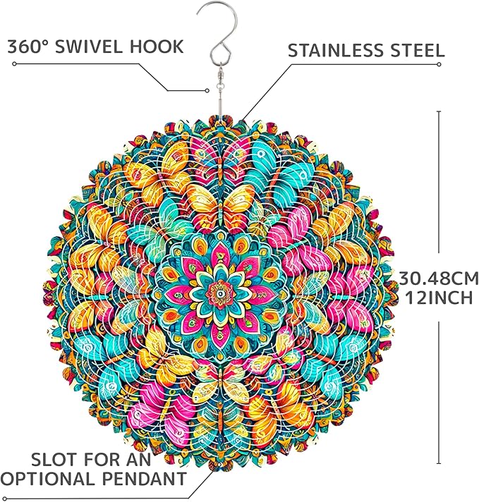 12 Inch 3D Kinetic Wind Spinner for Garden and Yard, Laser-Cut Stainless Steel, Mesmerizing Hanging Decor for Outdoor Patio & Indoor, Butterfly Fiesta-09
