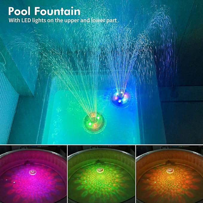 Floating Pool Fountain with Underwater Light Show, Floating Pond Fountain, 2 Spray Modes Waterfall Fountain, Waterproof Sprinkler Fountains for Inground Above Ground Pools