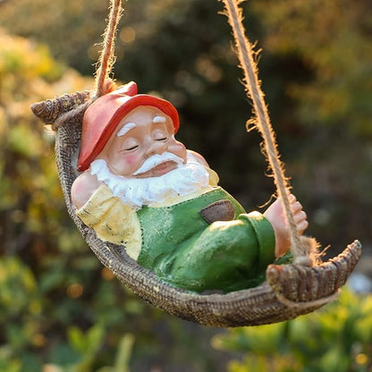 TERESA'S COLLECTIONS Green Garden Gnomes Statues for Garden Decor, Resin Hanging Decorations for Outdoor, Tree Ornaments Figurines for Outside Stump Lawn Patio, Gifts for Mom Women and Man, 8"