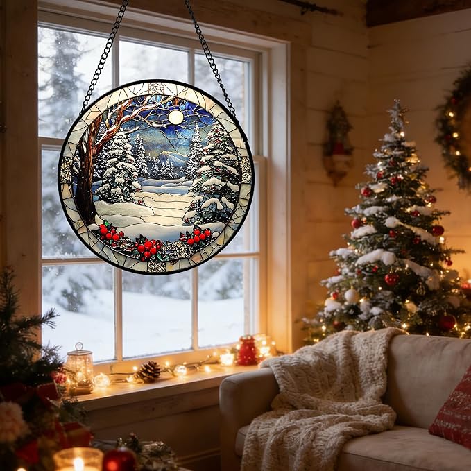 DASTOLL Stained Glass Window Hanging Christmas Tree Winter Snow Night Scenery 9.8" - Suncatcher Door Garden Kitchen Sun Catcher Home Decor Birthday for Mom Men Woman Friend