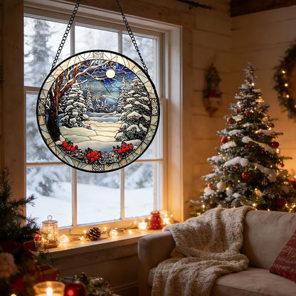 DASTOLL Stained Glass Window Hanging Christmas Tree Winter Snow Night Scenery 7.8" - Suncatcher Door Garden Kitchen Sun Catcher Home Decor Birthday for Mom Men Woman Friend