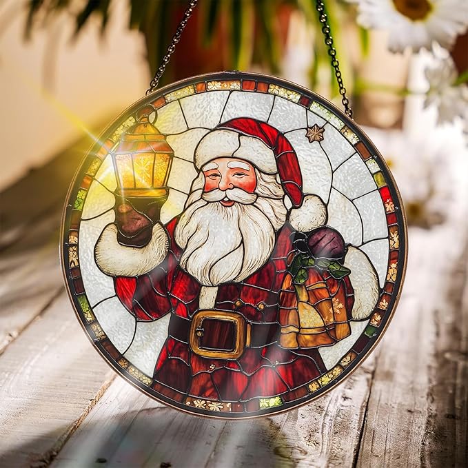 Bimkole Santa Claus Stained Glass Suncatcher Window Hanging - Christmas Indoor Window or Doorway Decoration - Handmade Sun Catcher Decor for Garden Home Christmas & Birthday Gifts 7.87x7.87 inch