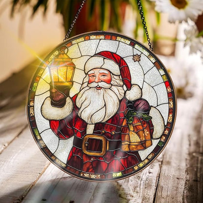 Bimkole Santa Claus Stained Glass Suncatcher Window Hanging - Christmas Indoor Window or Doorway Decoration - Handmade Sun Catcher Decor for Garden Home Christmas & Birthday Gifts 7.87x7.87 inch